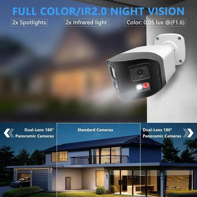 Alt view image 4 of 7 - 4MP Dual Lens PoE IP Security Camera with 180° Ultra Wide Viewing Angle, 2-Way Talk, AI Human Vehicle Detection, SD Card Slot(256GB), Full Color/EXIR2.0 Night Vision, Must Work with NVRs or PoE Switch