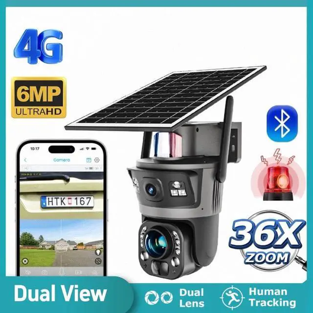 Alt view image 2 of 7 - Outdoor Solar Powered Security Camera, 6MP Ultra high Definition Binocular Lens, 36x Optical Zoom Metal Shell, 24/7 All Day Protection, Two-Way Audio, Color Night Vision,