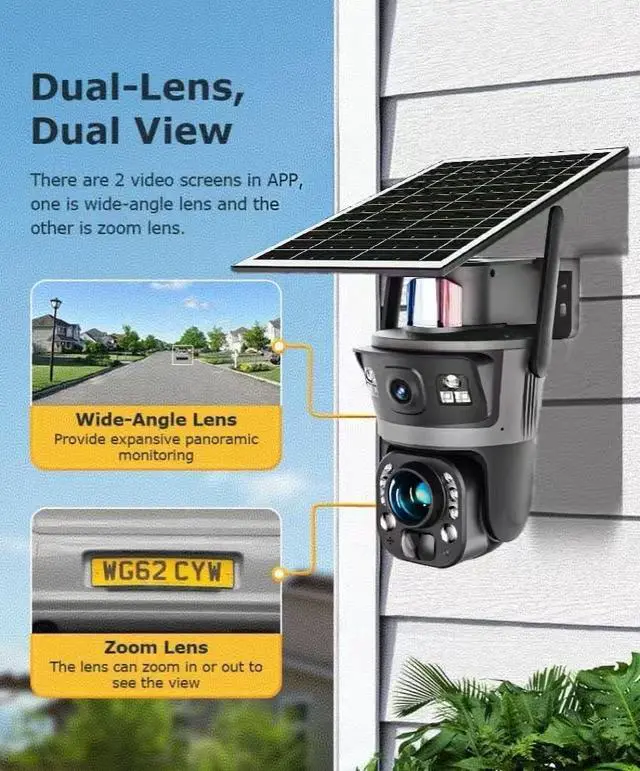 Alt view image 4 of 7 - Outdoor Solar Powered Security Camera, 6MP Ultra high Definition Binocular Lens, 36x Optical Zoom Metal Shell, 24/7 All Day Protection, Two-Way Audio, Color Night Vision,