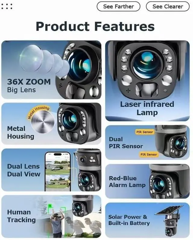 Alt view image 7 of 7 - Outdoor Solar Powered Security Camera, 6MP Ultra high Definition Binocular Lens, 36x Optical Zoom Metal Shell, 24/7 All Day Protection, Two-Way Audio, Color Night Vision,