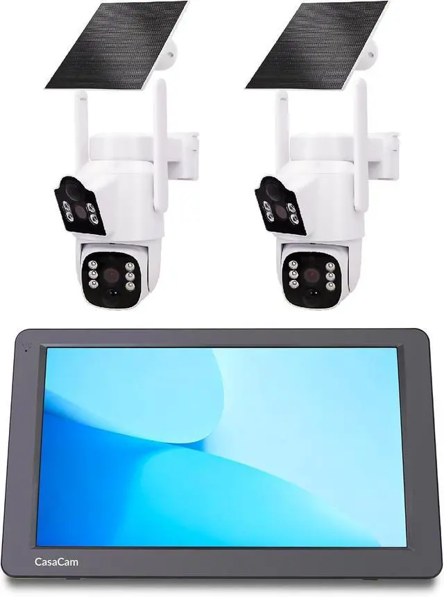 Main image of CasaCam Solar Camera Monitor Kit, 2K Solar Wireless Security Camera System Outdoor 10.1" HD Monitor, 2 Pack Dual-Lens PTZ Cameras, AI Motion Detection, Color Night Vision, No Monthly Fee, IP66, WS1022