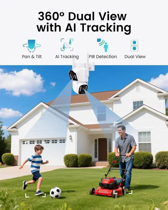 Alt view image 3 of 7 - CasaCam Solar Camera Monitor Kit, 2K Solar Wireless Security Camera System Outdoor 10.1" HD Monitor, 2 Pack Dual-Lens PTZ Cameras, AI Motion Detection, Color Night Vision, No Monthly Fee, IP66, WS1022