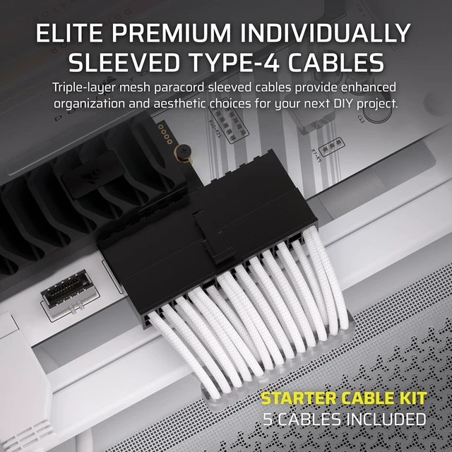 Alt view image 2 of 5 - Corsair Elite Premium Type 4 Individual Sleeved PSU Cable Starter Kit Low-Profile Cable Combs, Triple-Mesh Paracord Sleeve, Compatible Type 4 PSUs White