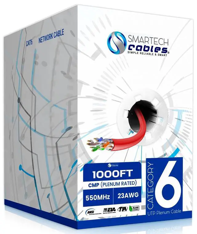 Main image of Cat6 Plenum Cable 1000ft | 10Gbps, UTP, 23AWG, 550MHz, CMP-Rated, Easy-Pull Box | Premium Bulk Cat 6 Ethernet Cable 1000ft for Superior Network Performance | Red