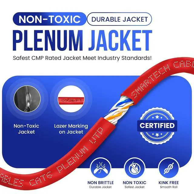 Alt view image 3 of 7 - Cat6 Plenum Cable 1000ft | 10Gbps, UTP, 23AWG, 550MHz, CMP-Rated, Easy-Pull Box | Premium Bulk Cat 6 Ethernet Cable 1000ft for Superior Network Performance | Red