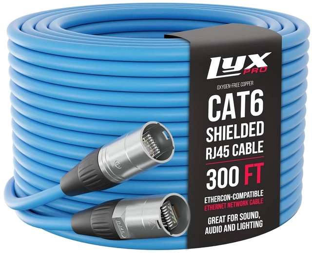 Main image of LyxPro 300 Feet Shielded CAT6 Ethercon Cable - Professional Audio & Lighting Stage Snakes RJ45 Cable, Studio-Grade Sound Transmission, Extreme Durability - Blue