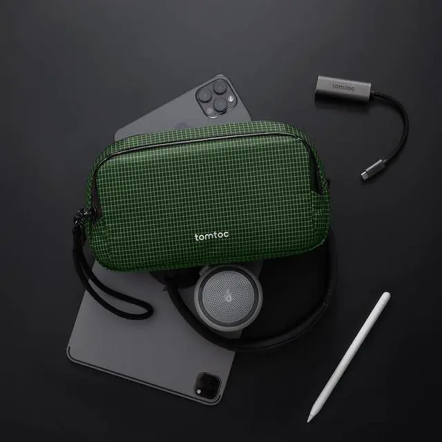 Alt view image 7 of 7 - tomtoc Electronic organizer travel bag, waterproof double compartment, technical bag, cable organizer, phone, hard drive, power bank, travel accessories