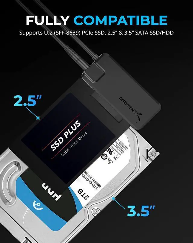 Alt view image 3 of 7 - SABRENT USB 3.2 to SATA SSD/HDD or U.2, 2.5" and 3.5 inch Adapter, Super Fast Data Transfer 10 Gbit/s Hard Drive Converter, Supports Trim and UASP with Power Adapter (EC-U2SA)