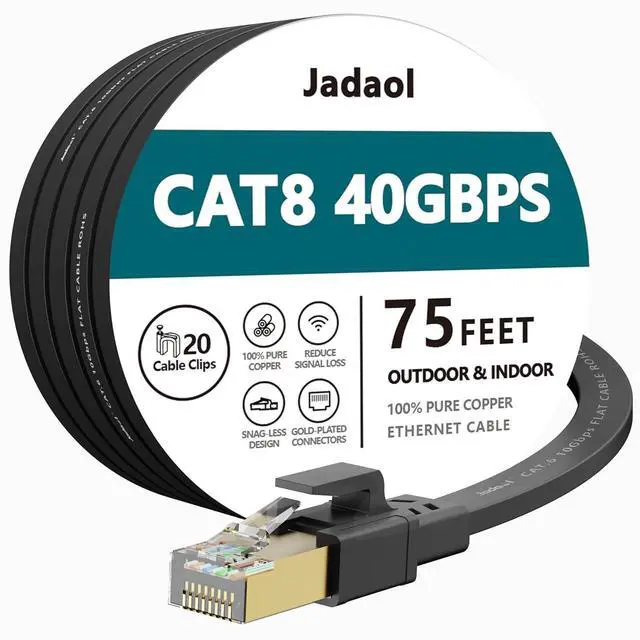 Main image of Cat8 Ethernet Cable, Outdoor&Indoor, 75 FT Heavy Duty High Speed Cat 8 LAN Network Cable, 40Gbps 2000MHz RJ45 Flat Internet Computer Patch Cord, Weatherproof S/FTP UV Resistant for Router/Modem/Gaming