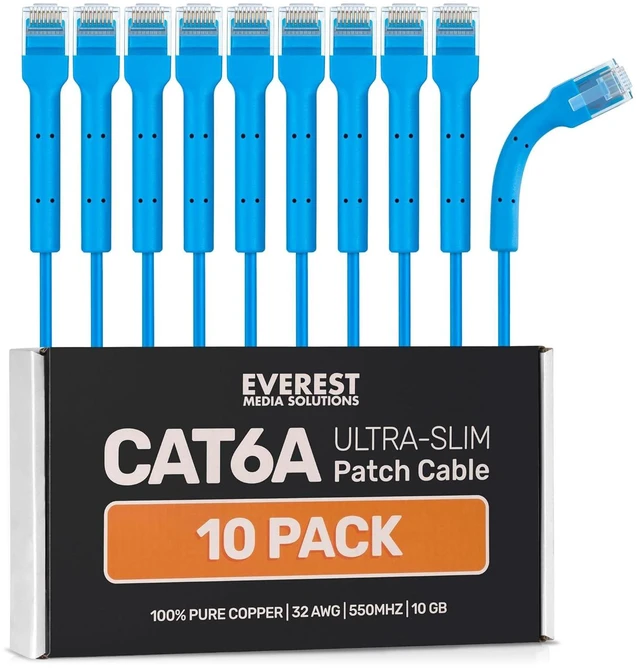 Main image of Everest Ultra-Slim Cat6A Ethernet Patch Cable 15ft (10-Pack) Blue - 15ft Cat6 Patch Cables - 100% Pure Bare Copper Wire - 10GB Ethernet Cord - Bendable, Thin & Flexible Cat 6a Ethernet Cable