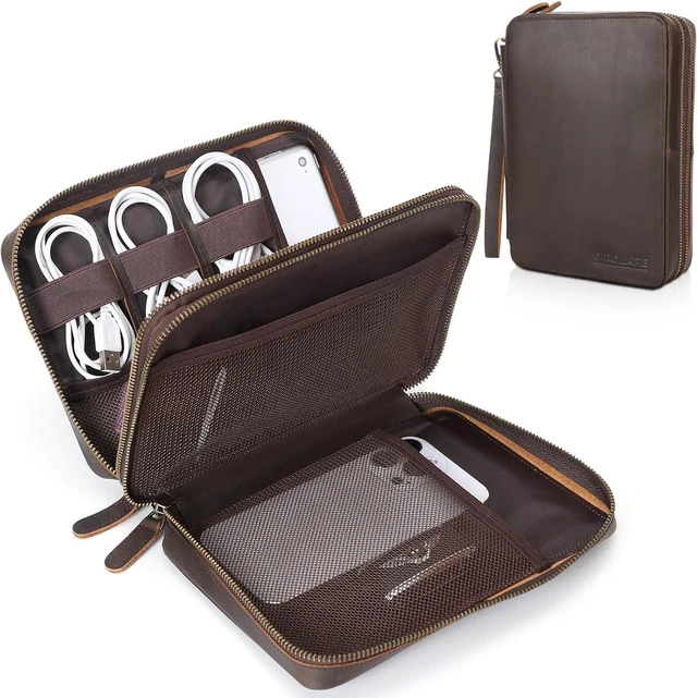 Main image of Polare Full Grain Leather Travel Cable Organizer Case Double Layer Electronics Accessories Carry Bag with YKK Zippers Tech Storage Bag for Cables, Power Bank, USB, SD Card