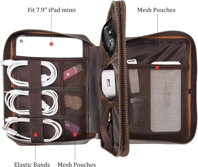 Alt view image 4 of 7 - Polare Full Grain Leather Travel Cable Organizer Case Double Layer Electronics Accessories Carry Bag with YKK Zippers Tech Storage Bag for Cables, Power Bank, USB, SD Card