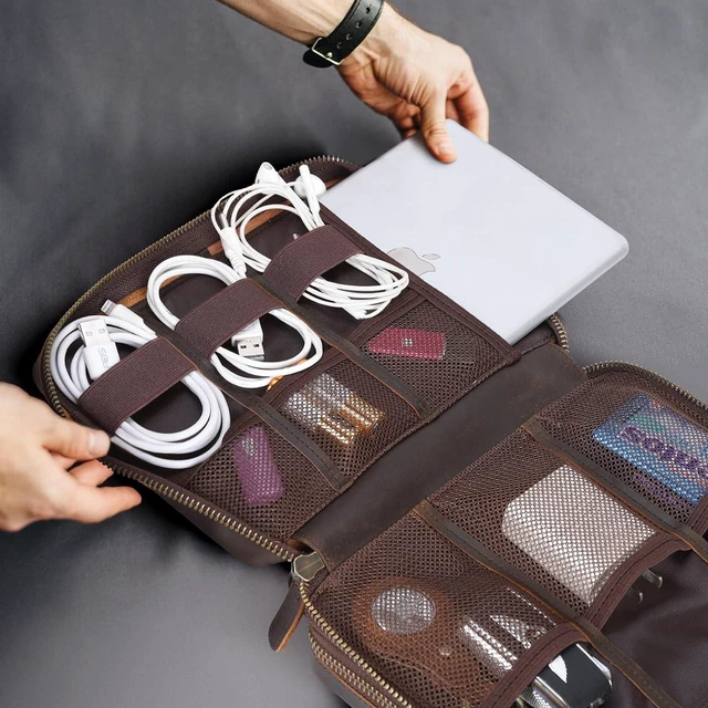 Alt view image 5 of 7 - Polare Full Grain Leather Travel Cable Organizer Case Double Layer Electronics Accessories Carry Bag with YKK Zippers Tech Storage Bag for Cables, Power Bank, USB, SD Card