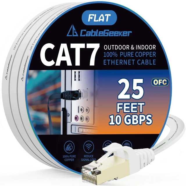 Main image of CableGeeker Cat7 Shielded Ethernet Cable 25ft White High Speed Flat Internet Network Cable with Snagless RJ45 Connector for Modem, Router, LAN, Computer + Free Clips and Straps