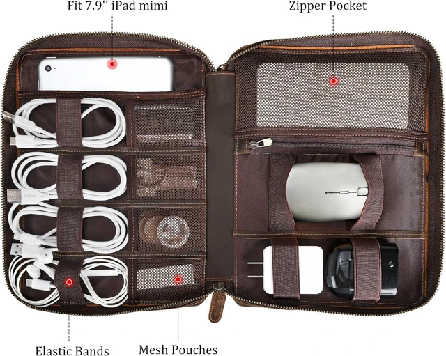 Alt view image 5 of 7 - Polare Full Grain Leather Travel Cable Organizer Case Electronics Accessories Carry Bag with YKK Zippers Tech Storage Bag for Cables, Power Bank, USB, SD Card, Travel Essentials