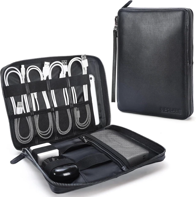 Main image of Polare Full Grain Leather Travel Cable Organizer Case Electronics Accessories Carry Bag with YKK Zippers Tech Storage Bag for Cables, Power Bank, USB, SD Card, Travel Essentials (Black)