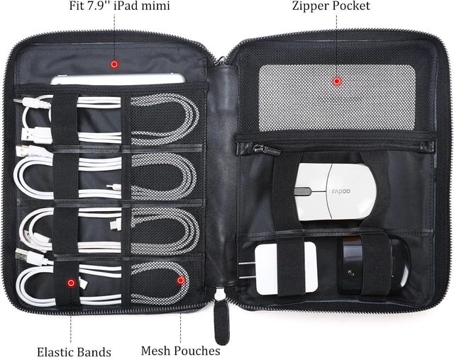 Alt view image 3 of 7 - Polare Full Grain Leather Travel Cable Organizer Case Electronics Accessories Carry Bag with YKK Zippers Tech Storage Bag for Cables, Power Bank, USB, SD Card, Travel Essentials (Black)