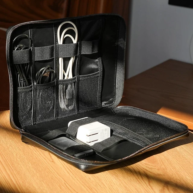 Alt view image 7 of 7 - Polare Full Grain Leather Travel Cable Organizer Case Electronics Accessories Carry Bag with YKK Zippers Tech Storage Bag for Cables, Power Bank, USB, SD Card, Travel Essentials (Black)