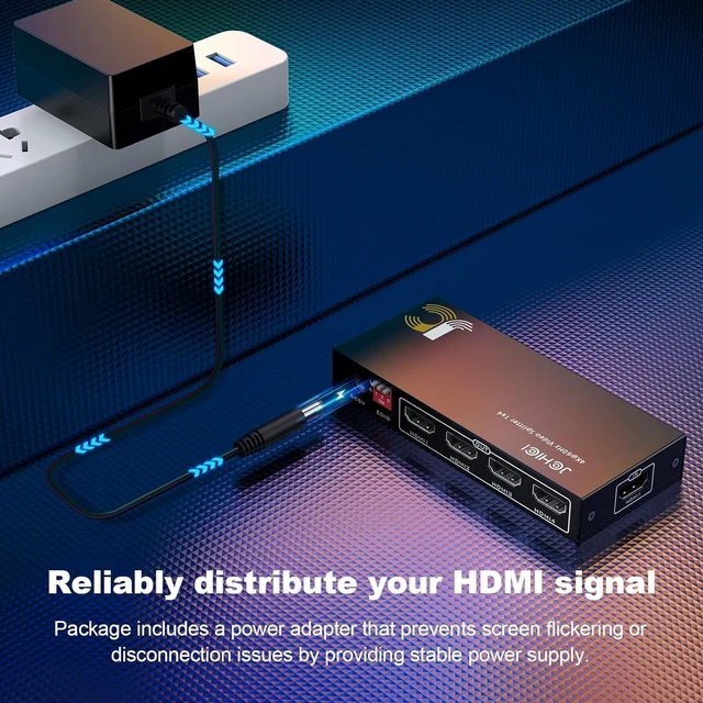 Alt view image 5 of 7 - HDMI Splitter 1 in 4 Out, HDMI 2.0 Splitter, Support 4K@60Hz 3D, HDMI2.0 and HDCP2.3 for TV, Xbox, PS3/4/5, PC, Blu-Ray Player.