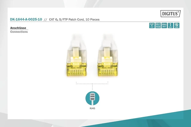 Alt view image 3 of 6 - Digitus LAN Cable Cat 6A - 0.25m - 10 Pieces - RJ45 Network Cable - S/FTP Shielded - Compatible with Cat-6 & Cat-7 - Gray