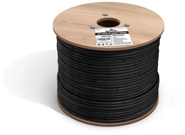 Main image of fast Cat. Cat5e Outdoor, 1000ft Black, Waterproof Direct Burial Rated CMX, 24AWG Solid Bare Copper, 350MHz, PoE++ (4PPoE), UL Listed, Unshielded UTP, Bulk Ethernet Cable
