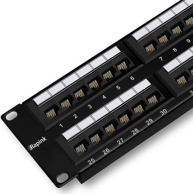 Main image of 48 Port Cat6 10G Patch Panel, 19" Rapink UTP Network Patch Panel, Wall Mount or Rack Mount 1U Ethernet Patch Panel Drill Block for Cat6, Cat5e, Cat5 Cables