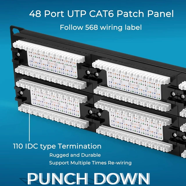 Alt view image 5 of 7 - 48 Port Cat6 10G Patch Panel, 19" Rapink UTP Network Patch Panel, Wall Mount or Rack Mount 1U Ethernet Patch Panel Drill Block for Cat6, Cat5e, Cat5 Cables