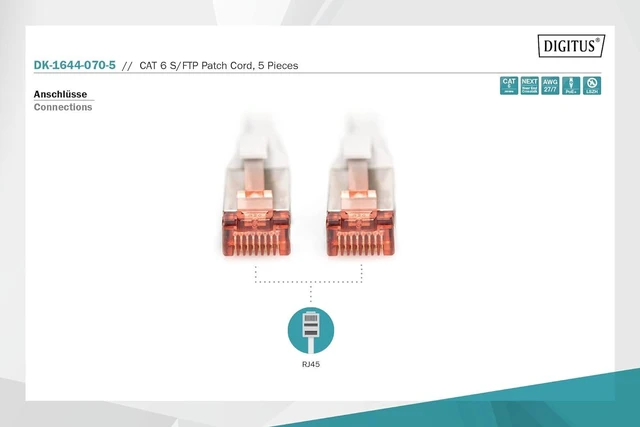 Alt view image 3 of 5 - DIGITUS - 5 Pieces - CAT 6 S-FTP Patch Cable, 7m, Network LAN DSL Ethernet Cable, LSZH, Copper, AWG 27/7, Set, Gray