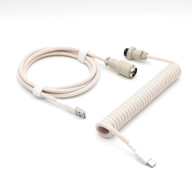 Main image of Reverse Coiled USB-C Keyboard Cable, Double-Sleeved Mechanical Keyboard Cable with Detachable Metal Aviator, 5FT USB-C to USB-A (Retro Beige)