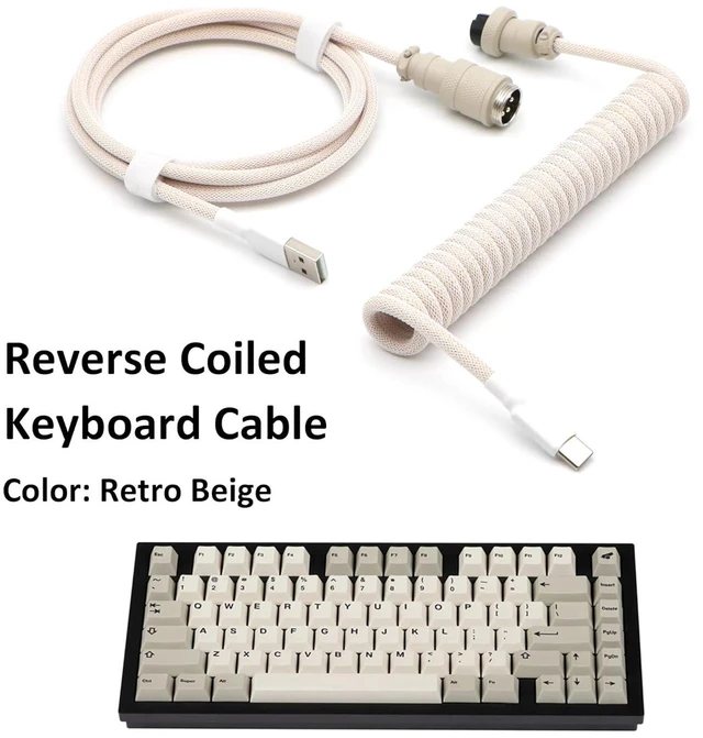 Alt view image 2 of 7 - Reverse Coiled USB-C Keyboard Cable, Double-Sleeved Mechanical Keyboard Cable with Detachable Metal Aviator, 5FT USB-C to USB-A (Retro Beige)