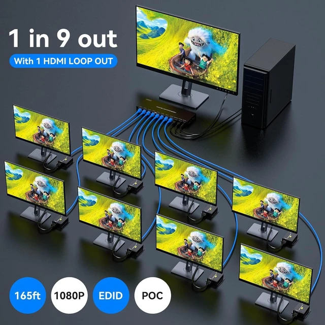 Alt view image 3 of 7 - HDMI Extender Splitter Over Ethernet 1 in 8 Out Cat5e 6 up to 165ft 50m HD1080P 60Hz 3D with Port Loop Out Support EDID POC Suitable for Projection Exhibition Presentations