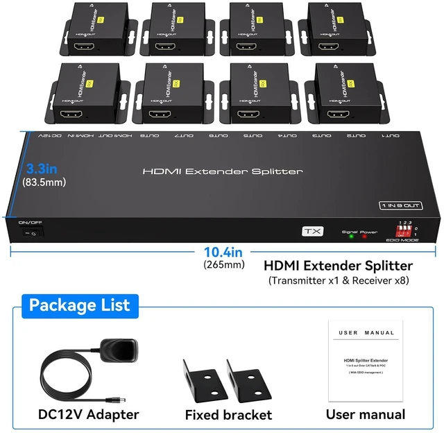 Alt view image 7 of 7 - HDMI Extender Splitter Over Ethernet 1 in 8 Out Cat5e 6 up to 165ft 50m HD1080P 60Hz 3D with Port Loop Out Support EDID POC Suitable for Projection Exhibition Presentations