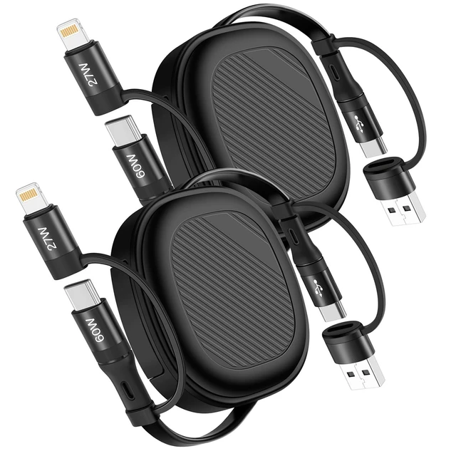 Main image of Retractable Fast Charging Cable 60W 2Pack 5 in 1 Multi Charging Cable 3.8Ft Multiple USB C Lightning Charger Cord with USB-A/C to C/L Port for iPhone 17 16 15 14 iPad S24 S23 MacBook