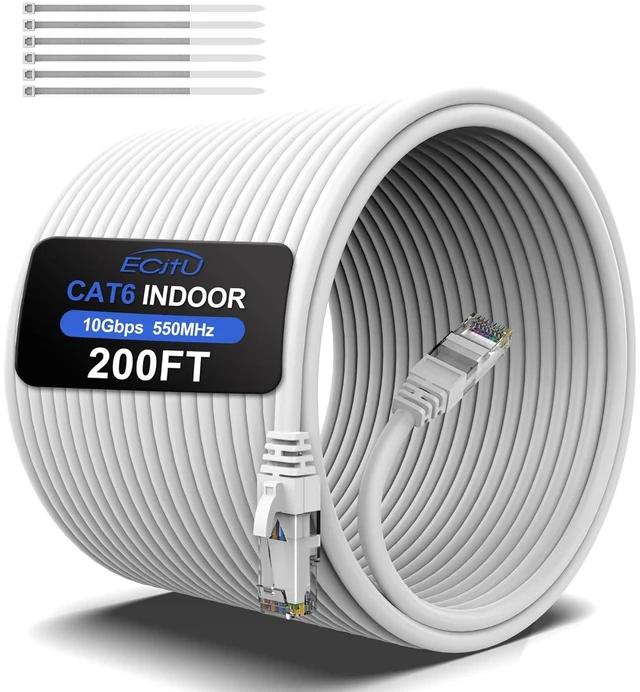 Main image of 200 Feet Cat6 Ethernet Cable, Cat 6 Patch Cable, Cat6 Internet Cable, POE, UTP Network Cable, Indoor and Outdoor, 24AWG CCA, Compatible for PC, TV, Router, Switch, Server, with 25 Cable Ties - White