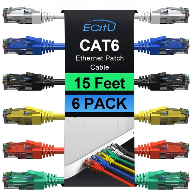 Main image of Cat6 Patch Cables 15 Feet (6 Pack), Cat 6 Ethernet Cable, 24AWG CCA, UTP Network Cord, Internet Cable, Compatible for PC, Laptop, Router, Switch, Server, Printer, RJ45 LAN with 25 Cable Ties - 15FT
