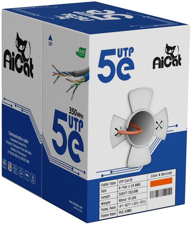 Main image of AiCat Cat5e Ethernet Cable 500ft - 24 AWG, CMR, ETL, Insulated Soild Bare Copper Wire Internet Cable with FastReel - 350MHZ / Gigabit Speed Unshielded UTP LAN Cable (Orange)
