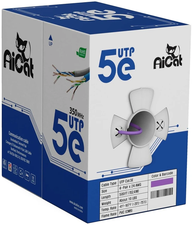 Main image of AiCat Cat5e Ethernet Cable 500ft - 24 AWG, CMR, Insulated Bare Copper Wire Internet Cable with FastReel - 350MHZ / Gigabit Speed UTP LAN Cable - UTP, ETL (Purple)