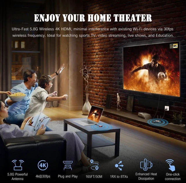 Alt view image 3 of 7 - AIMIBO Wireless HDMI Transmitter and Receiver 4K, 2026 Upgraded, Plug & Play, Up to 8 TXS, 328FT, 5.8G/2.4G Casting Video and Audio for Laptop, Camera, CCTV to HDTV, Projector