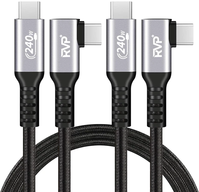 Main image of RVP+ USB C Cable 90 Degree 240W, Type C to Type C Cable, PD 3.1 Fast Charging Cable Up Down Angle - 3 Feet - Black - 2 Pack