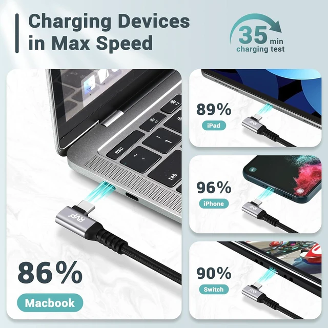 Alt view image 2 of 7 - RVP+ USB C Cable 90 Degree 240W, Type C to Type C Cable, PD 3.1 Fast Charging Cable Up Down Angle - 3 Feet - Black - 2 Pack