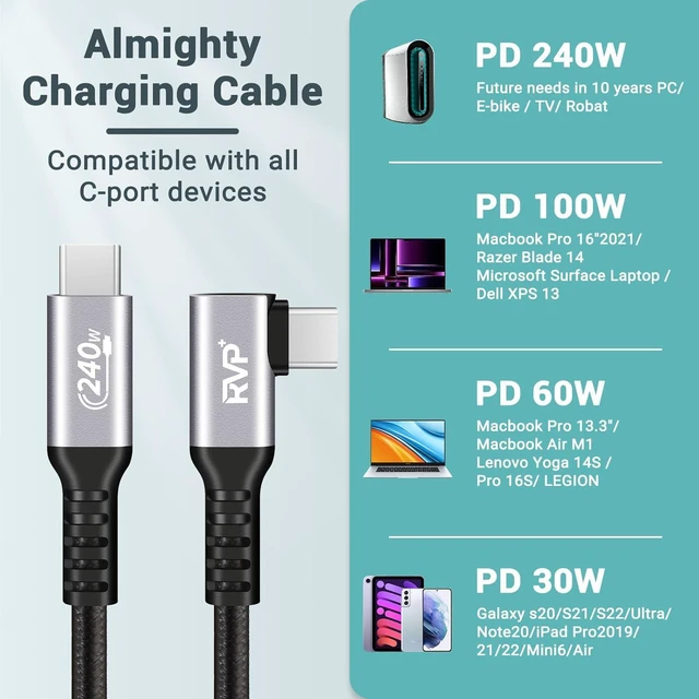 Alt view image 4 of 7 - RVP+ USB C Cable 90 Degree 240W, Type C to Type C Cable, PD 3.1 Fast Charging Cable Up Down Angle - 3 Feet - Black - 2 Pack