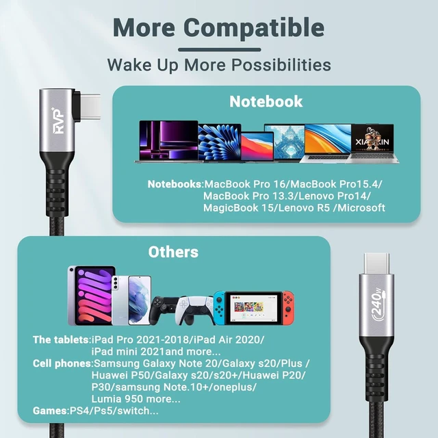 Alt view image 3 of 7 - RVP+ USB C Cable 90 Degree 240W, Type C to Type C Cable, PD 3.1 Fast Charging Cable Up Down Angle - 3 Feet - Black - 2 Pack