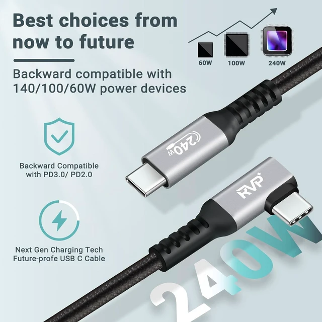 Alt view image 6 of 7 - RVP+ USB C Cable 90 Degree 240W, Type C to Type C Cable, PD 3.1 Fast Charging Cable Up Down Angle - 3 Feet - Black - 2 Pack