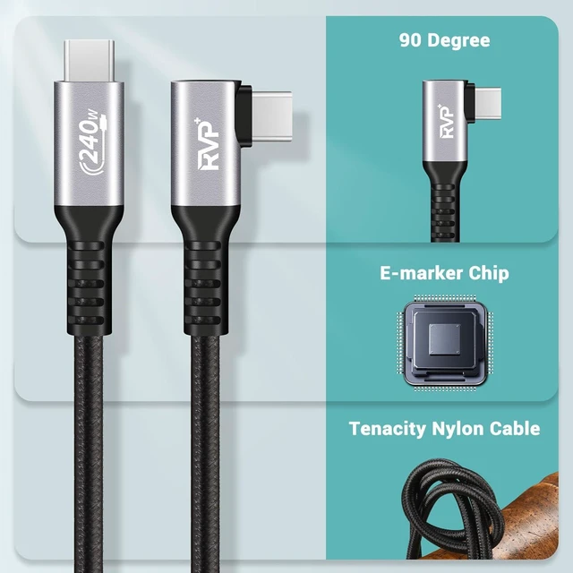 Alt view image 7 of 7 - RVP+ USB C Cable 90 Degree 240W, Type C to Type C Cable, PD 3.1 Fast Charging Cable Up Down Angle - 3 Feet - Black - 2 Pack