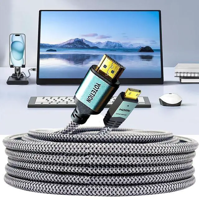Alt view image 4 of 7 - Mini HDMI to HDMI 45FT Cable, (4K 60Hz) High Speed HDMI to Mini HDMI Male Bidirectional 2.0 Cable for HDTV, Tablet, Camera & Camcorder (Aluminum Case, Braided Mesh)