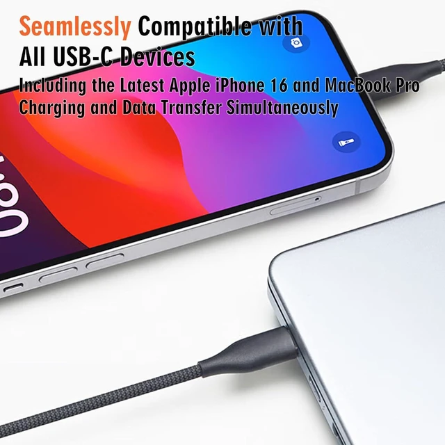 Alt view image 2 of 7 - NENJI USB C to USB C 100W Fast Charging Cable/Data Cable for iPhone 16/16 Plus/16 Pro Max/15, MacBook Pro, iPad Pro, Dell XPS, Samsung Galaxy S24/S23/S22 Ultra, Switch, Pixel, 3.3FT Black 3-Pack