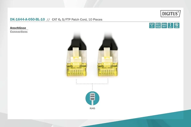 Alt view image 3 of 6 - Digitus LAN Cable Cat 6A - 5m - 10 Pieces - RJ45 Network Cable - S/FTP Shielded - Compatible with Cat-6 & Cat-7 - Black