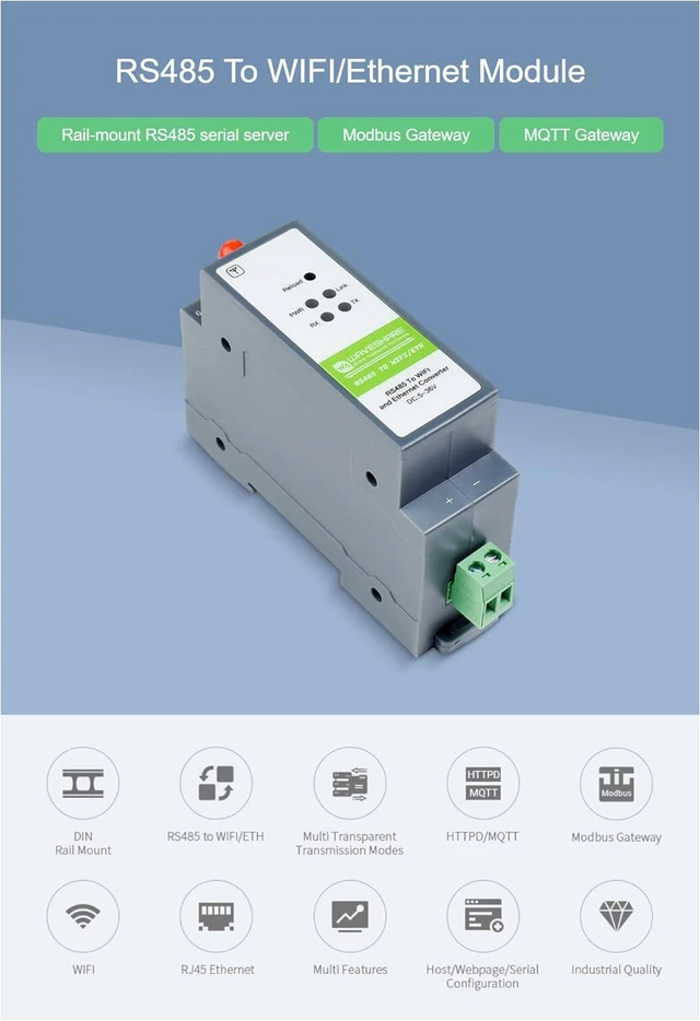 Alt view image 3 of 6 - RS485 to WiFi/Ethernet (ETH) Converter Module, Rail-Mount Serial Server, Modbus/MQTT Gateway