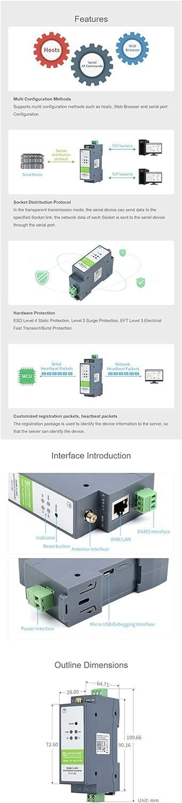 Alt view image 6 of 6 - RS485 to WiFi/Ethernet (ETH) Converter Module, Rail-Mount Serial Server, Modbus/MQTT Gateway