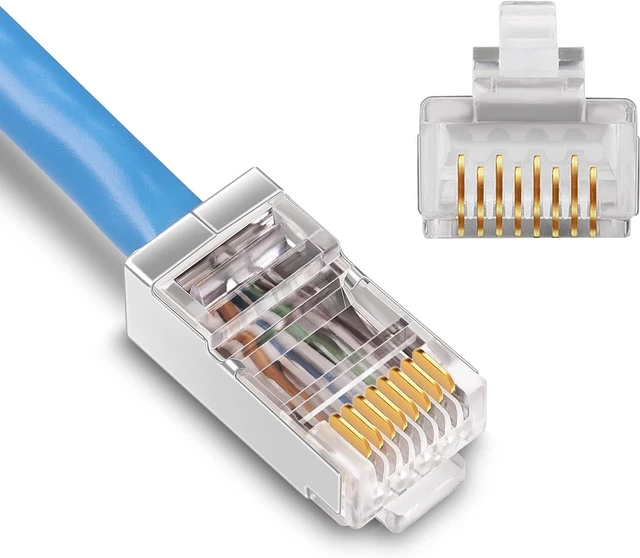 Main image of Shielded Cat6 RJ45 Connectors - iGreely 50-Pack Gold Plated RJ45 Cat6/Cat5E/Cat5 8P8C 50 Micron 50u 3 Prong FTP STP Ethernet Cable Crimp Modular Plug